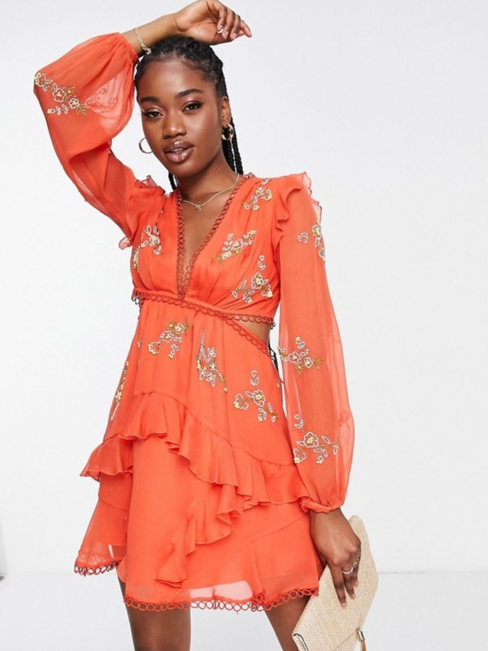 ASOS Orange Embroidered Ruffle Mini Dress